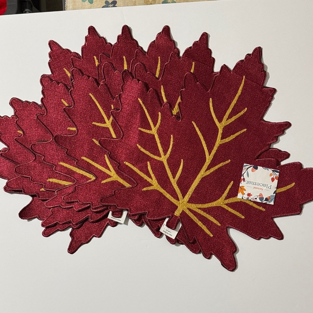 Fall Decorative Place Mat - Burgundy Maple Leaf with Gold Veins, Set of 6